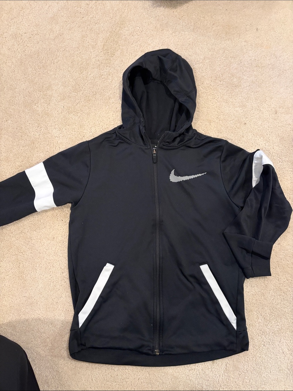 Nike Black Kids Hooded Zip Jacket with White Stripe Accents
